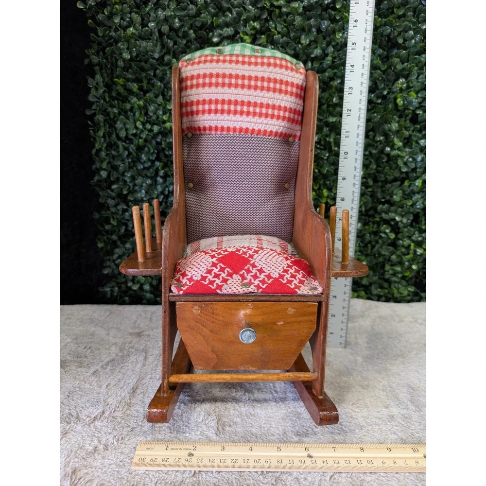 Vintage MCM Handmade Wood Sewing Rocking Chair Organizer‎ Pincushion Folk Art